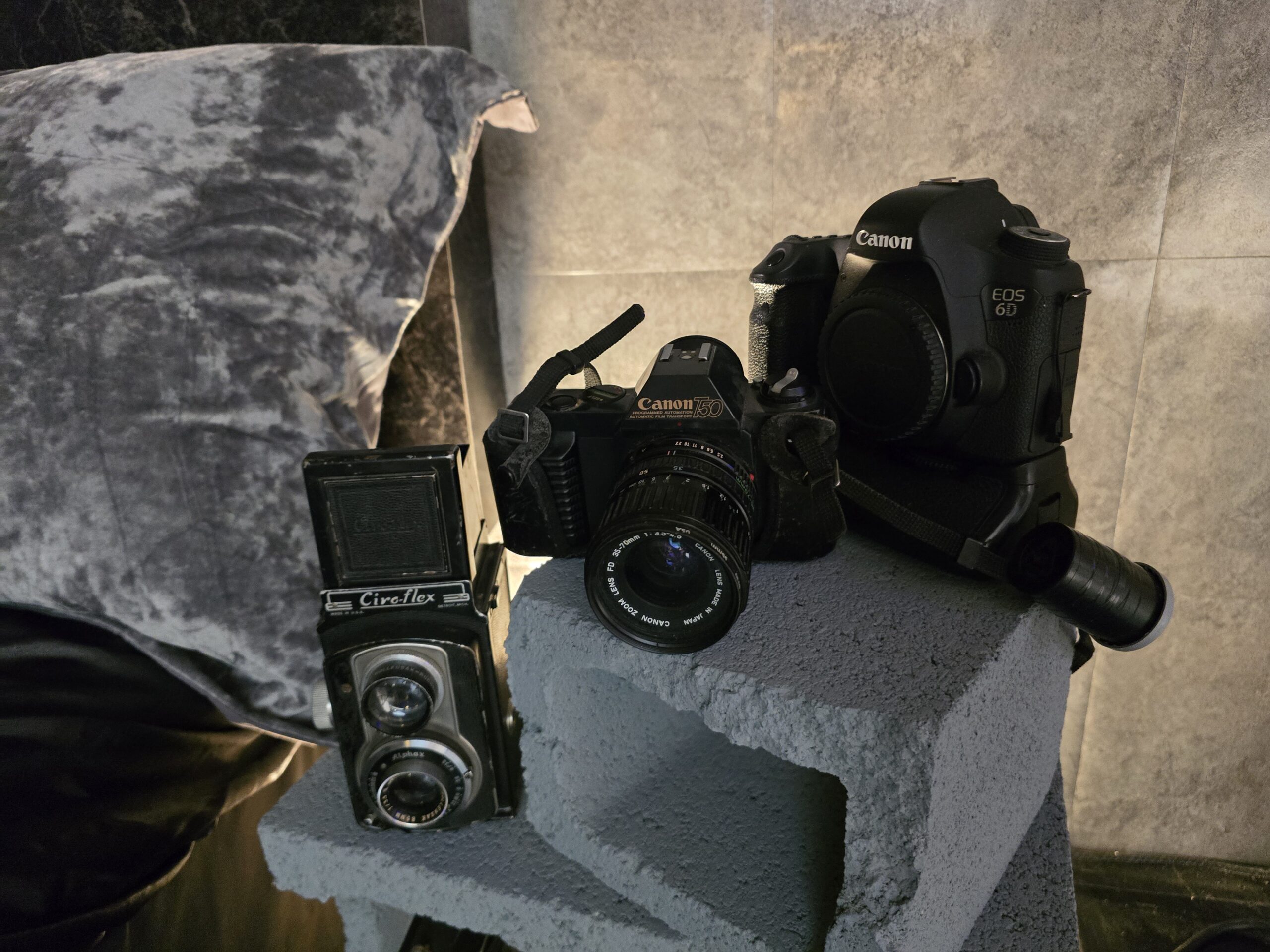 DJs Cameras on Set. Canon 6D, Canon T50, Circflex medium format camera.